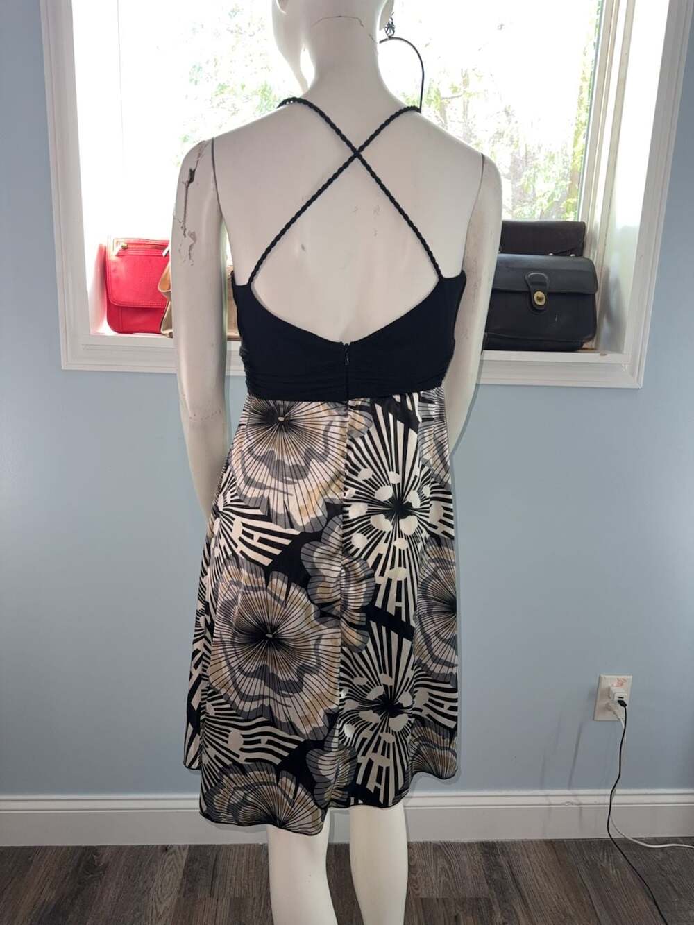 Intrigue Black and White Floral Print Braided Strap Dress